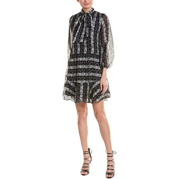 Shoshanna Dresses & Skirts - Shoshanna Holley Dress Womens 2 Navy White Floral‎ Silk Tie Neck 3/4 Sleeve Mini
